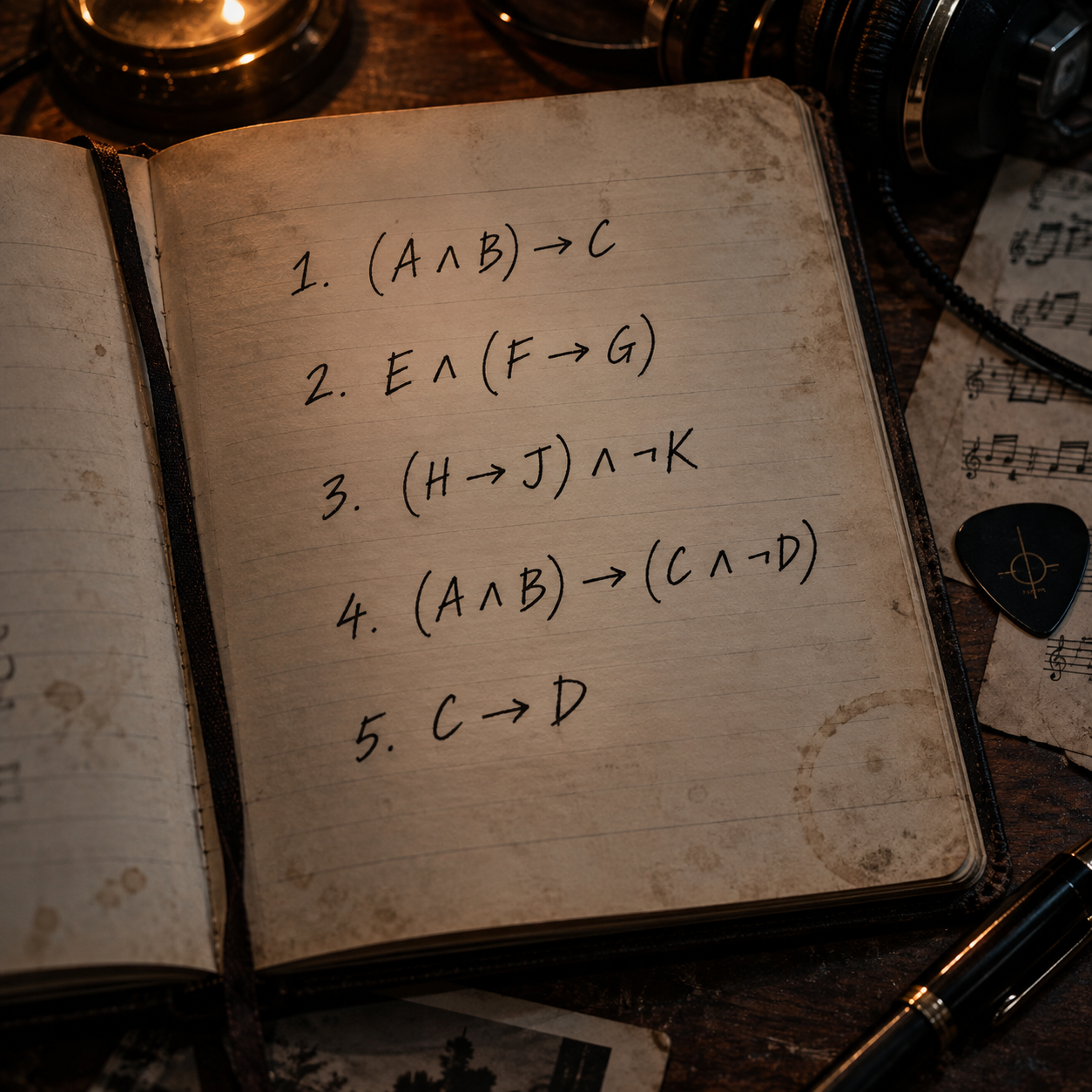 Notebook: 1. (A ∧ B) → C; 2. E ∧ (F → G); 3. (H → J) ∧ ¬K; 4. (A ∧ B) → (C ∧ ¬D); 5. C → D